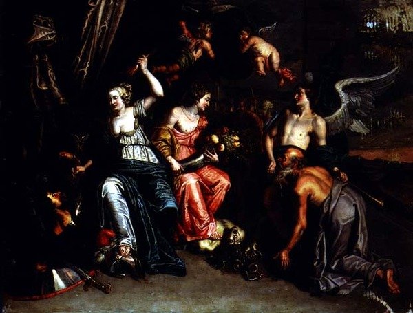 Zemědělství doprovázené slávou uctívající Ceres jako harpyi je pošlapáno a Minerva překonává Mars (olej na mědi) od Willem van the Elder Herp