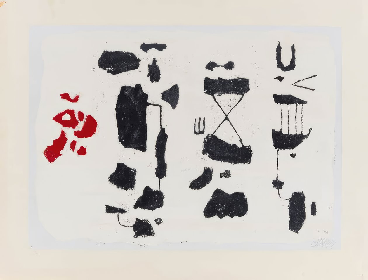 Černé znaky – černé postavy s červeným tvarem od Willi Baumeister