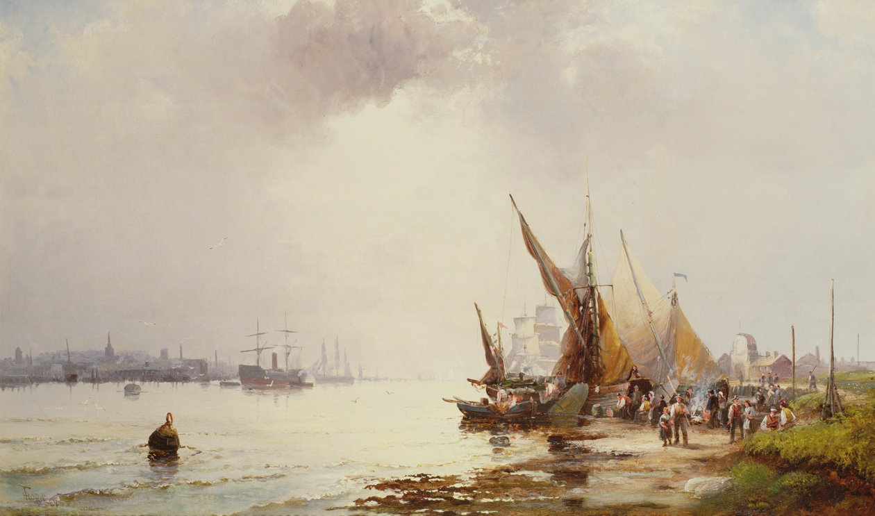 Fisherfolk na pobřeží v klidném ústí za úsvitu, 19. století od William Anslow Thornley