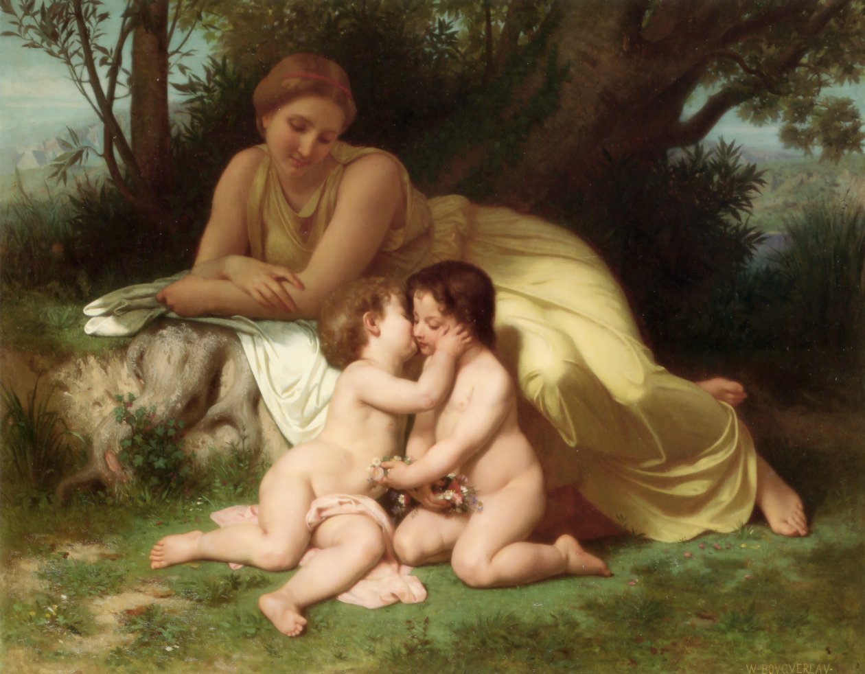 Mladá žena uvažující o dvou objímajících se dětech (1861) od William Adolphe Bouguereau