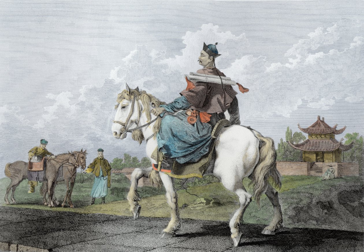 Quan nebo Mandarin Bearing a Letter from the Emperor of China, rytý Wilson, pub. od G. Nicol, 1796 (pozdější kolorování) od William Alexander