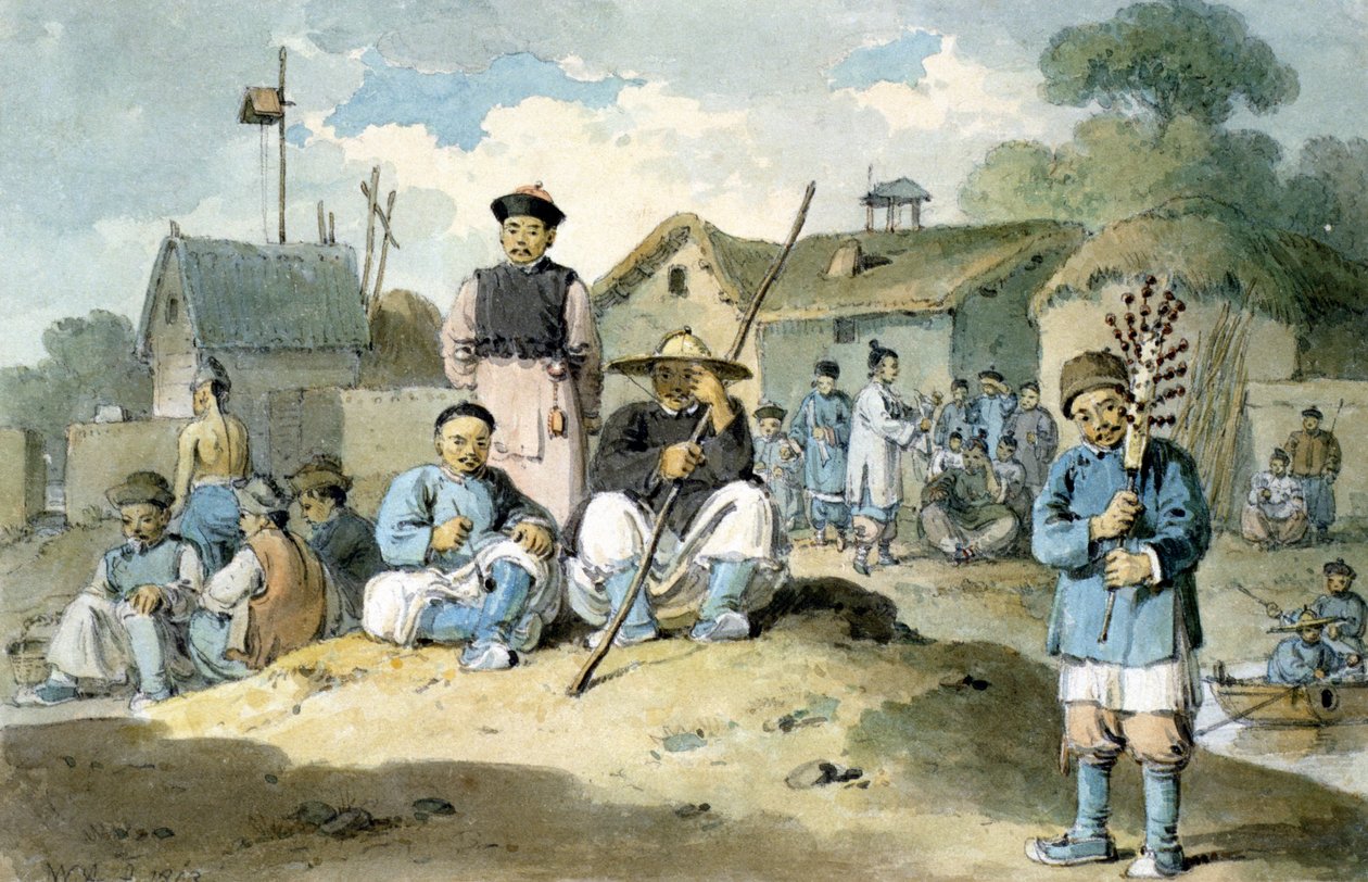 Skupina Číňanů na břehu řeky, kteří sledují průchod velvyslanectví Earla Macartneyho, 1793 od William Alexander