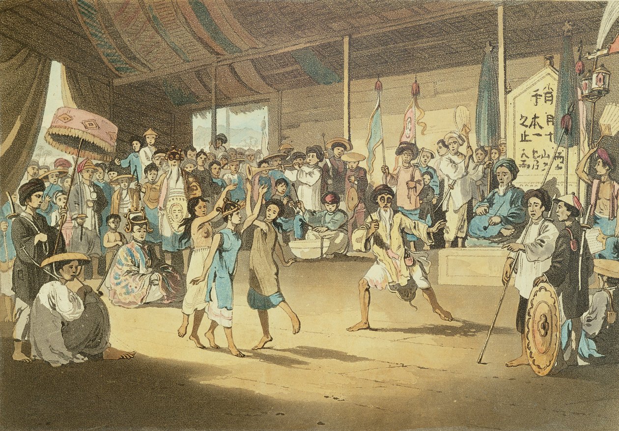 Scéna v Cochin-čínské opeře, deska 13 z „Voyage to Cochinchina“ od Johna Barrowa (1764-1848), vyrytého Thomasem Medlandem (1755-1823) 1806 (akvatinta) od William Alexander