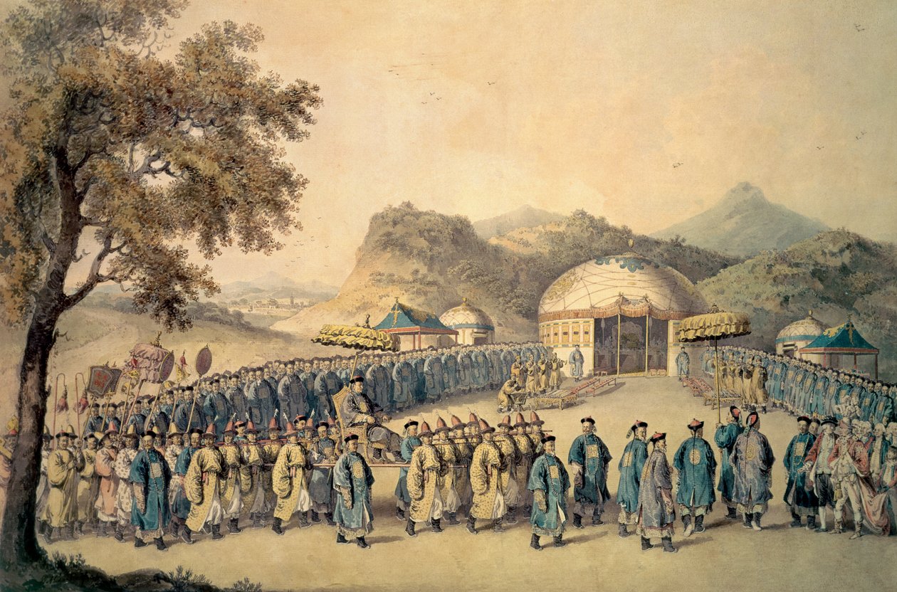 Příjezd čínského císaře do jeho stanu v Tartárii, kde přijal britského velvyslance George, 1. hraběte Macartneyho (1737-1806), 1793 od William Alexander