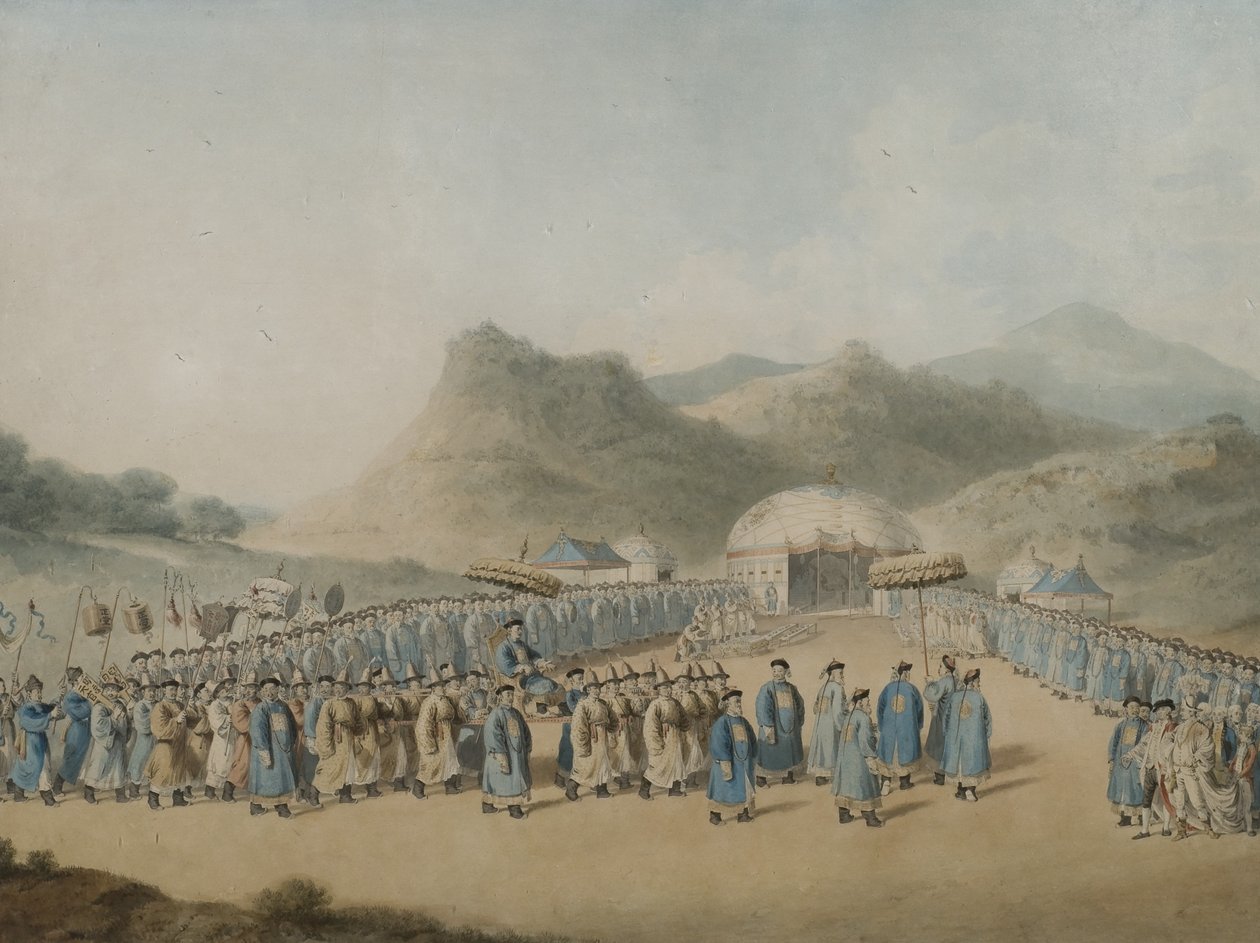 Příjezd čínského císaře do jeho stanu v Tartarii, aby přijal britského velvyslance, 1799 (wc na papíře) od William Alexander