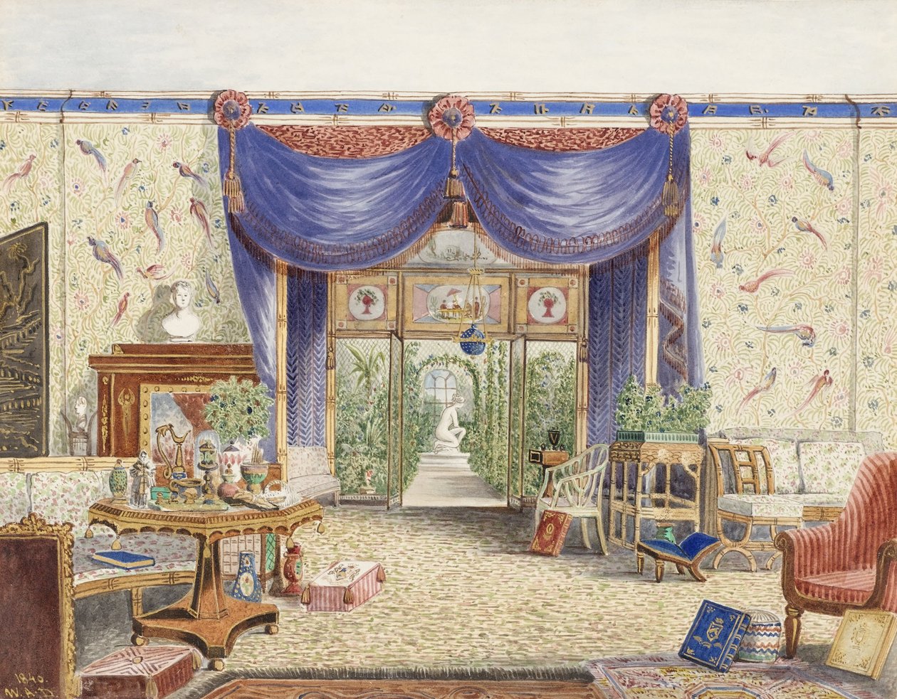 Interiér čínského pokoje, pohled směrem k zimní zahradě, Middleton Park, Oxfordshire od William Alfred Delamotte