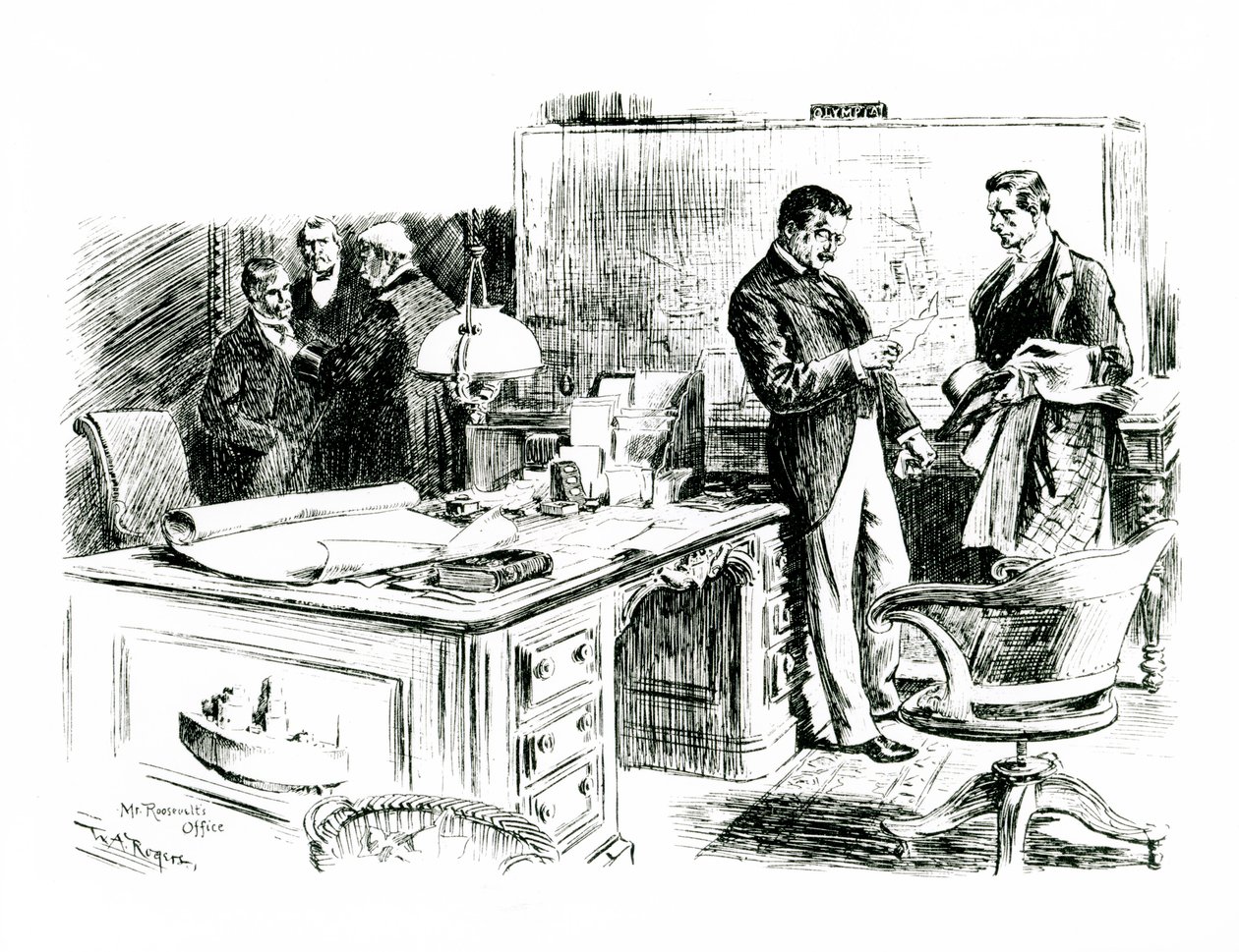 Senátor Lodge a náměstek ministra zahraničí v kanceláři prezidenta Roosevelta diskutující o invazi na Filipínské ostrovy, 1898 od William Allen after Rogers