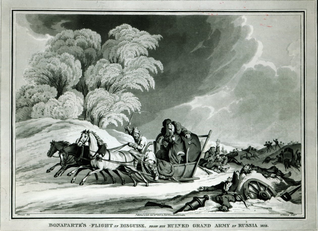 Napoleon v přestrojení během ústupu z Ruska v roce 1812 (akvatinta) od William Atkinson
