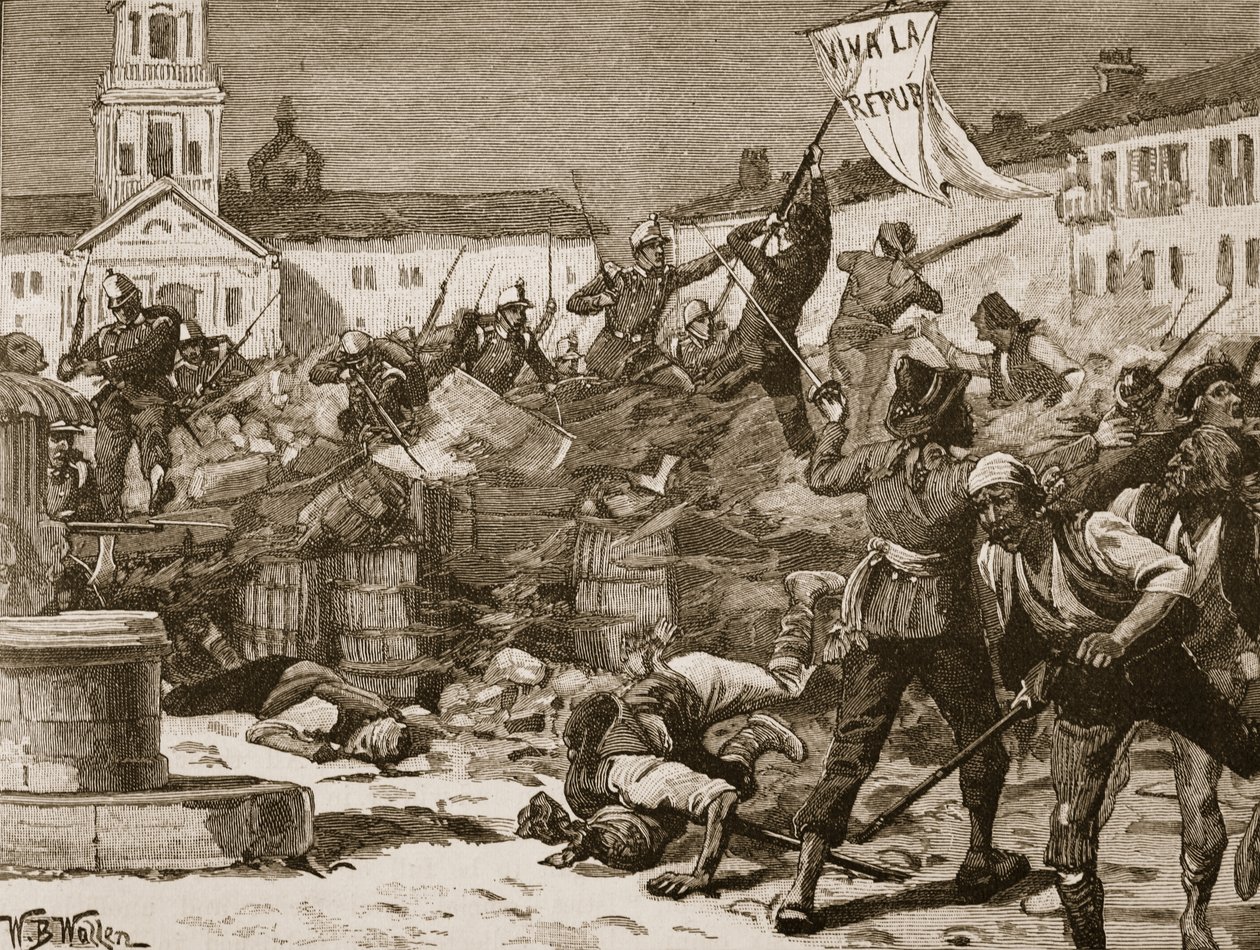 Pouliční boje v Malaze, 1869, ilustrace z „Cassell