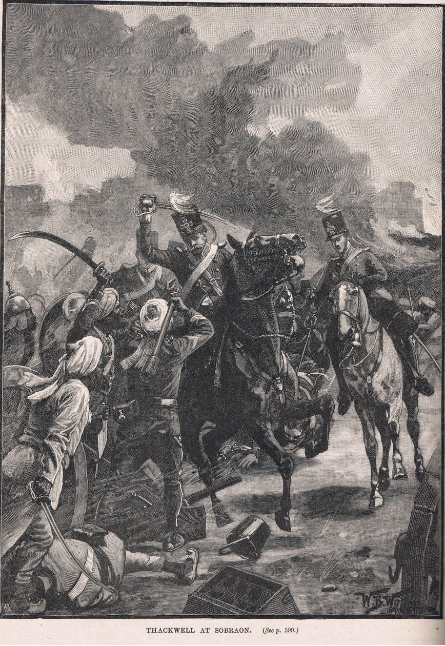 Thackwell at Sobraon, ilustrace z Cassellových „Ilustrovaných dějin Anglie“, publikovaných kolem roku 1910 od William Barnes Wollen