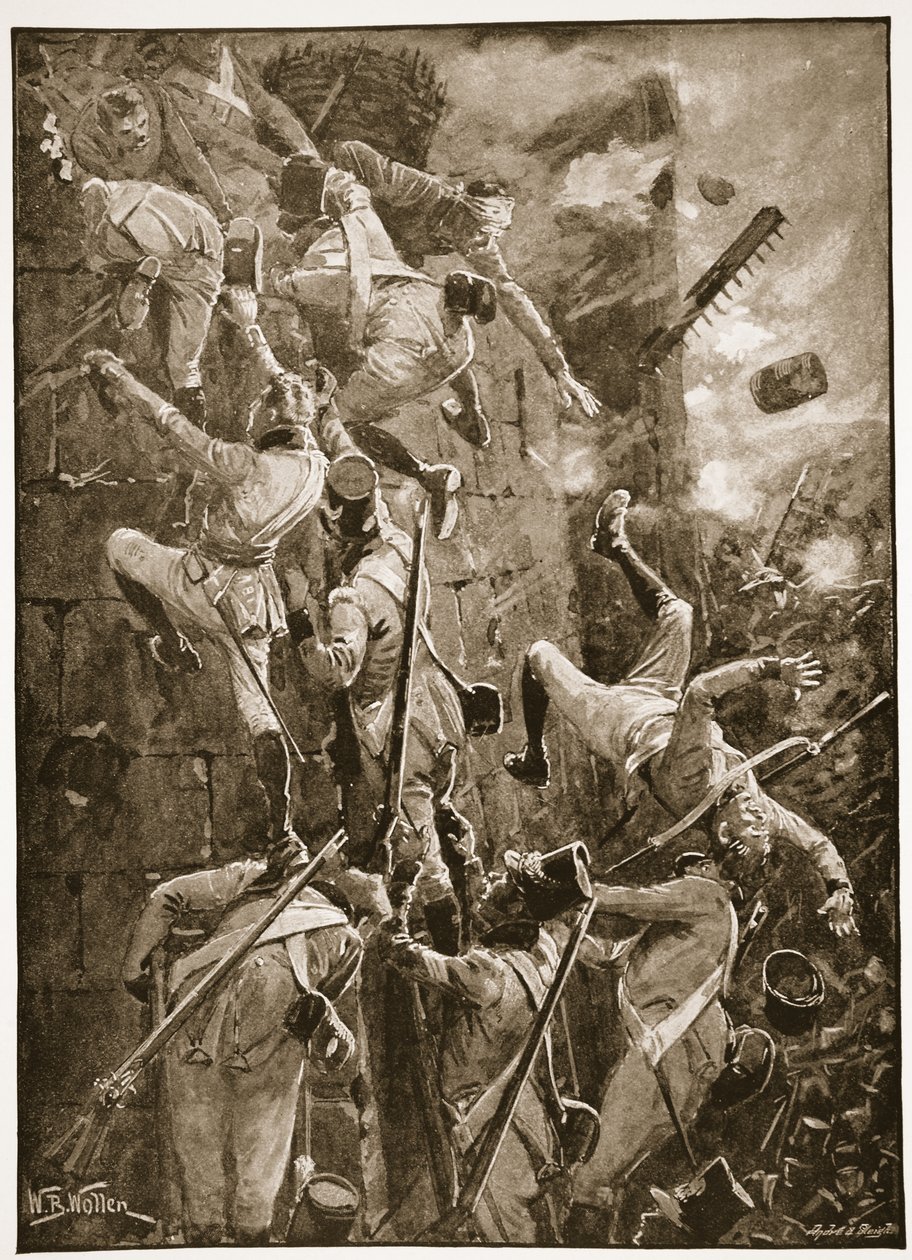 5. divize útočí eskalací na hradby San Vincente, ilustrace z knihy "Battles of the Nineteenth Century" od Archibalda Forbese, G. A. Hentyho a majora Arthura Griffithse. od William Barnes Wollen