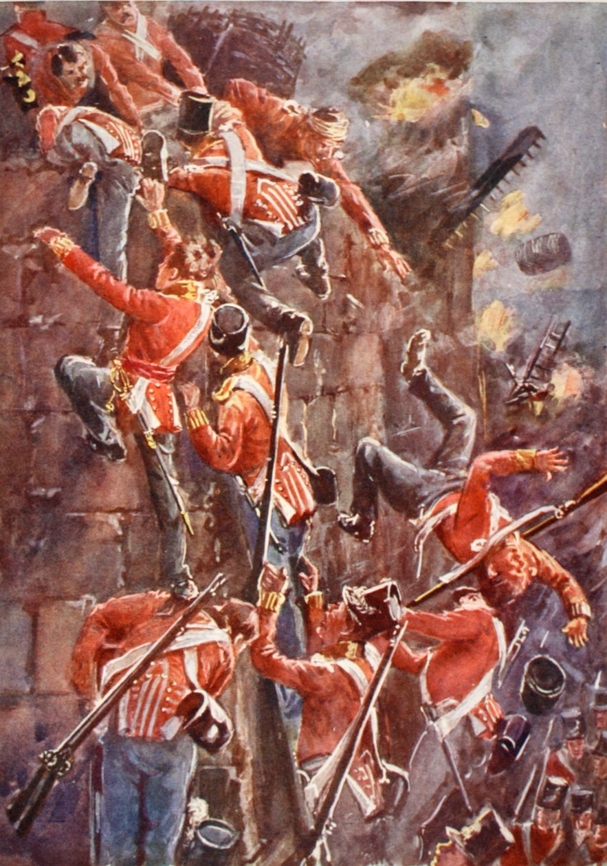 5. divize útočící eskalací na hradby San Vincente, ilustrace z „Bitvy devatenáctého století“ od Archibalda Forbese, G.A. Henty a major Arthur Griffiths od William Barnes Wollen