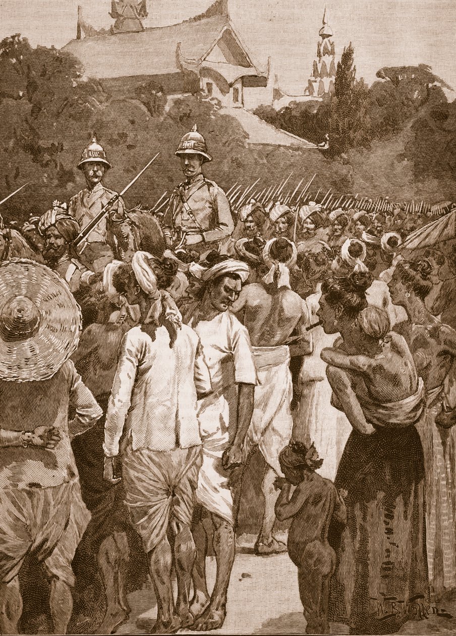 Britská vojska vstupující do Mandalaje, 1885, ilustrace z knihy "Cassell