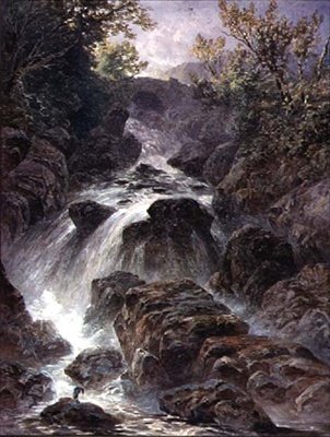 Most a vodopád poblíž Capel Curig od William James Bennett