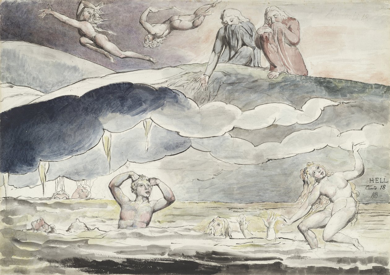 Dante a Virgil hledí do Příkopu lichotníků, ilustrace k „Božské komedii“ od Dante Alighieriho, 1824-27 od William Blake