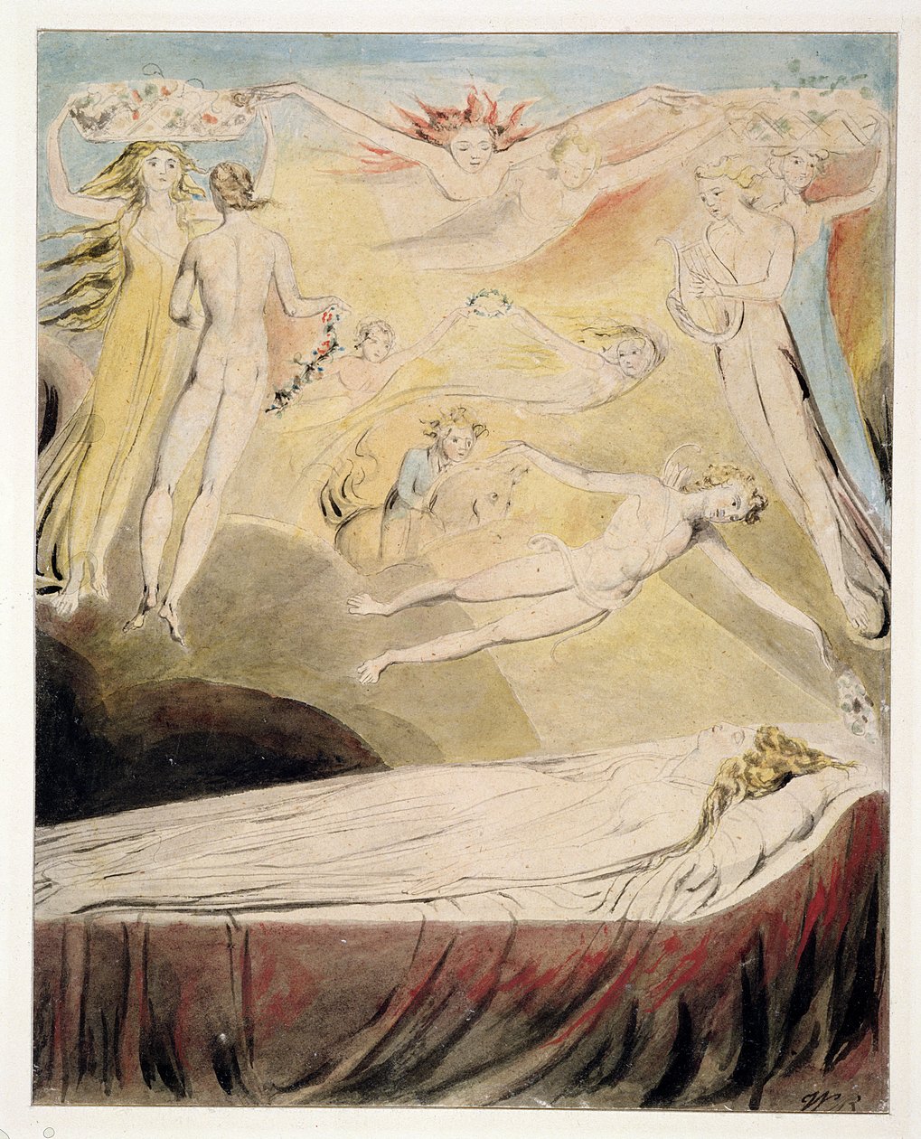 1771 Queen Catherines Dream, cca 1783-90 (wc, myčka, pero a inkoust na papíře) od William Blake