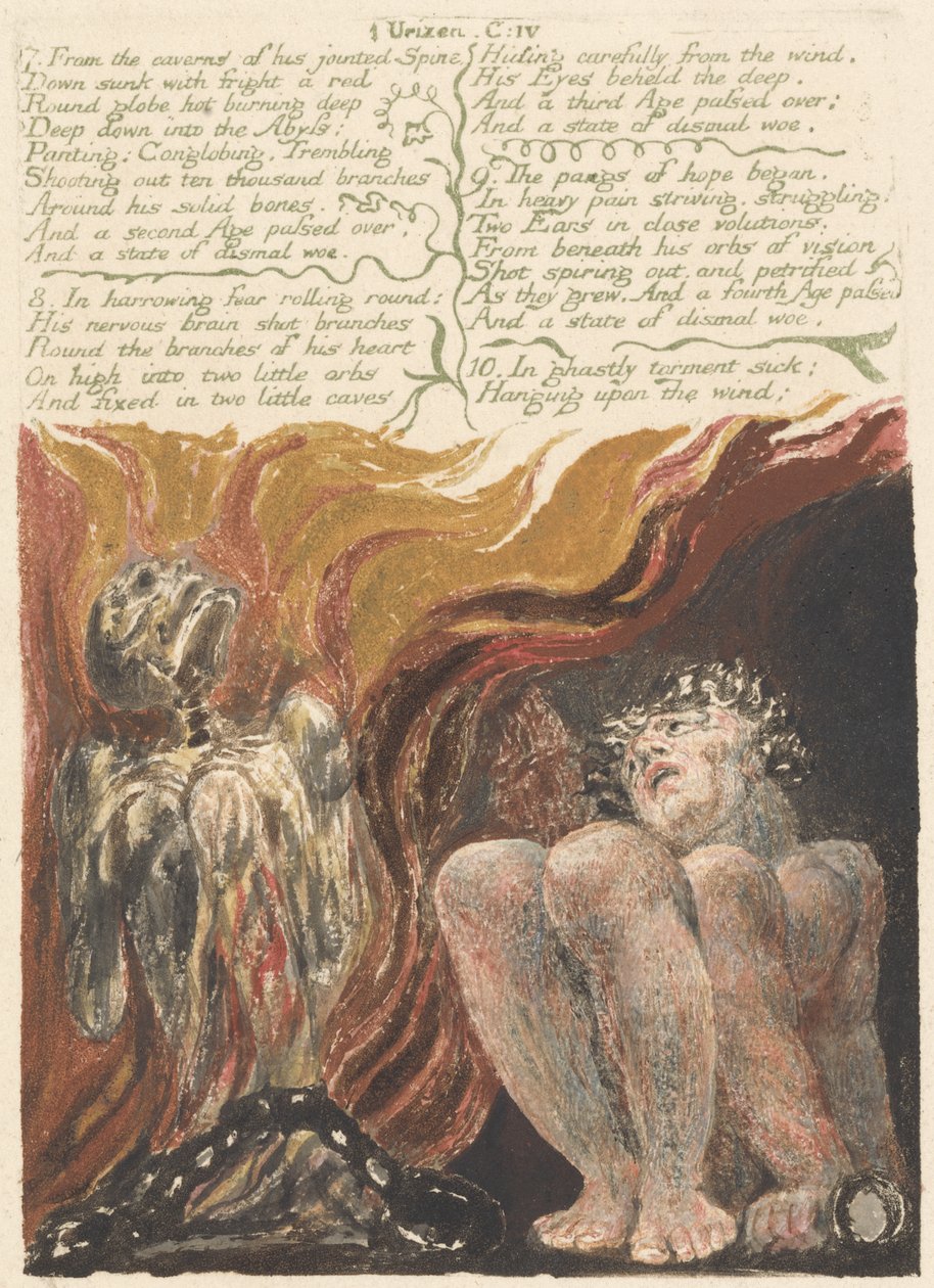 7. Z jeskyní jeho kloubového hřbetu..., deska 14 z První knihy Urizena, 1794 (barevně tištěný reliéfní lept inkoustem a wc na papíře) od William Blake