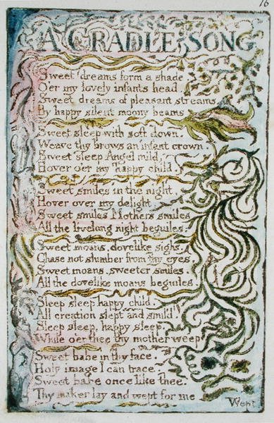 A Cradle Song, pl. 1 ilustrace z Songs of Innocence and of Experience (Bentley Copy L) pl.16 (Bentley 16) 1789-94 (reliéfní lept perem a wc na papíře) od William Blake