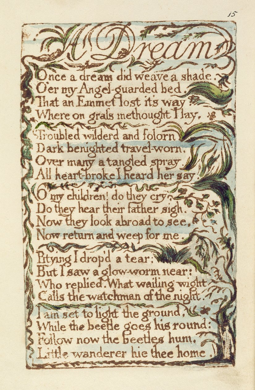 Ilustrace snů z písní nevinnosti a zkušeností (Bentley Copy L) pl.15 (Bentley 26) 1789-94 (reliéfní lept perem a wc na papíře) od William Blake