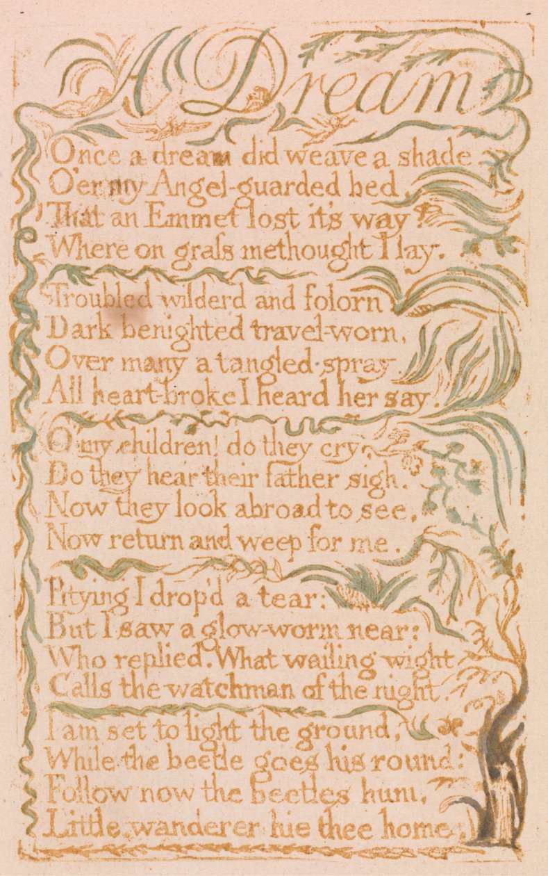 A Dream, deska 4 z Songs of Innocence, 1789 (reliéfní lept s wc na papíře) od William Blake