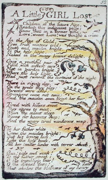 A Little Girl Lost, deska 52 (Bentley 51) z Songs of Innocence and of Experience (Bentley Copy L) 1789-94 (vyvýšený lept s perem a wc) od William Blake