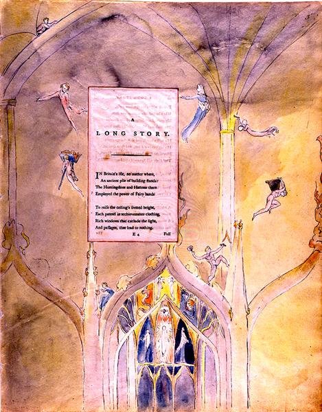 Dlouhý příběh, starověká hromada budov, která využívala sílu vílích rukou, z Básní Thomase Graye, 1797-98 (wc a černý inkoust na papíře) od William Blake