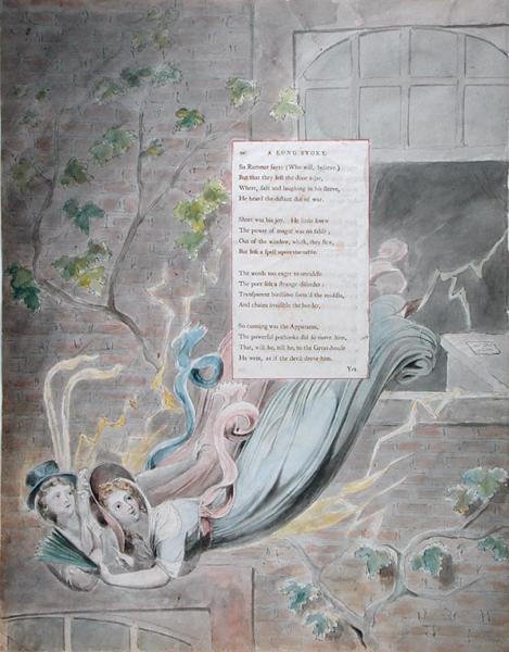 A Long Story, from The Poems of Thomas Gray, publikoval 1797-98 (wc a černý inkoust na papíře) od William Blake