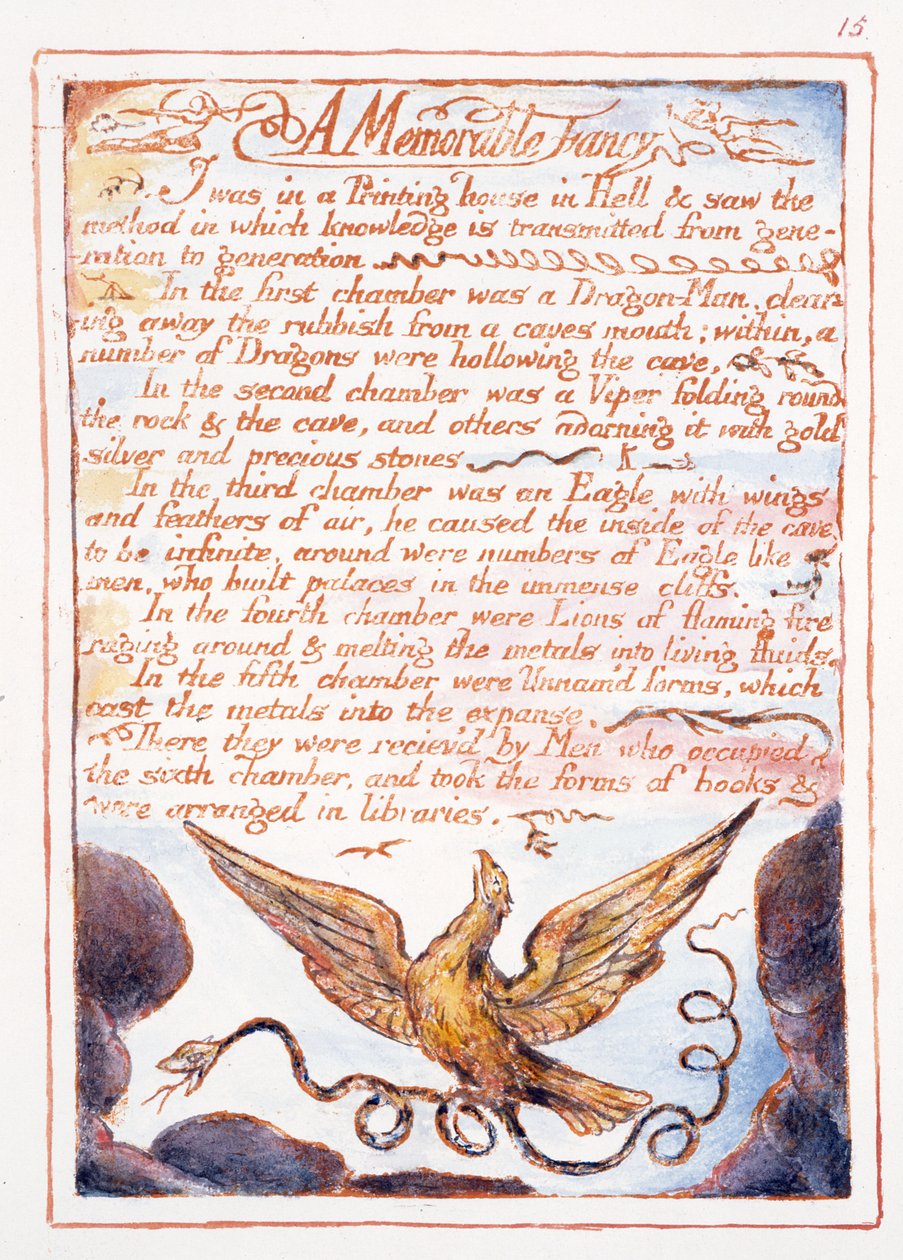 Pamětihodná fantazie, text a ilustrace ze "Sňatku nebe a pekla", asi 1790-3 (reliéfní lept dokončený perem a čb) od William Blake