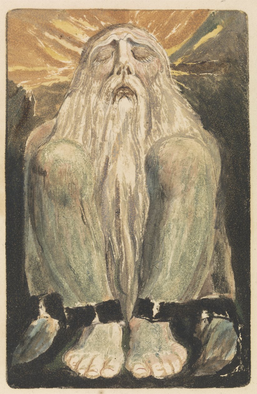 Nahý muž s dlouhým bílým plnovousem sedí na zemi s koleny a zavřenýma očima, deska 12 z První knihy Urizena, 1794 (reliéfní lept s wc) od William Blake
