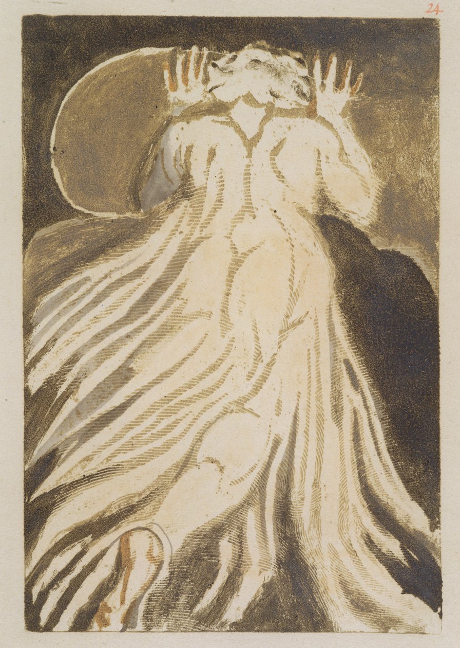 "Bělovlasý muž v dlouhém světlém rouchu, který před námi prchá se zdviženýma rukama", deska 28 z "První knihy Urizena", 1794 (barevný reliéfní lept na papíře s tuší a čb) od William Blake