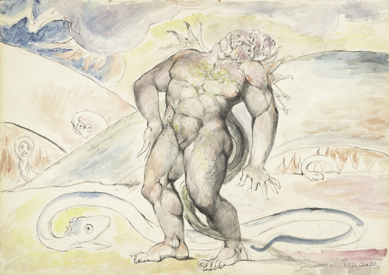 Agnello de Brunelleschi z Florencie se proměňuje v hada, ilustrace k Božské komedii od Dante Alighieriho, 1824-27 (pero a inkoust s wc přes tužku a křídu na papíře) od William Blake