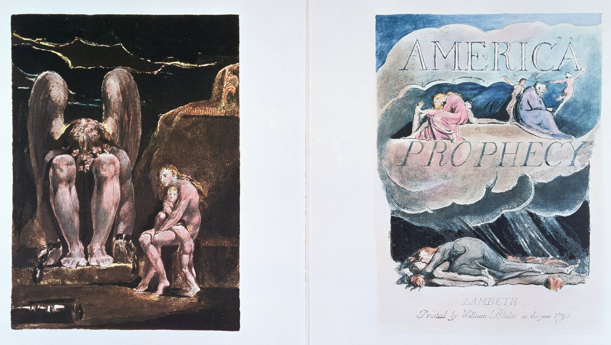 America a Prophecy: frontispis a titulní strana zobrazující Orka, ztělesnění energie, 1793 (reliéfní lept s bílou rytinou a akvarelem) od William Blake