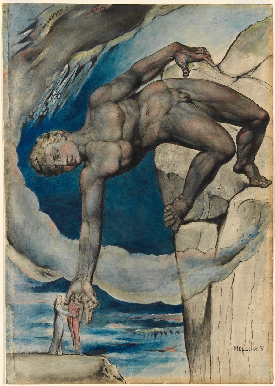 Antaeus usazuje Danta a Vergilia v posledním kruhu pekla od William Blake