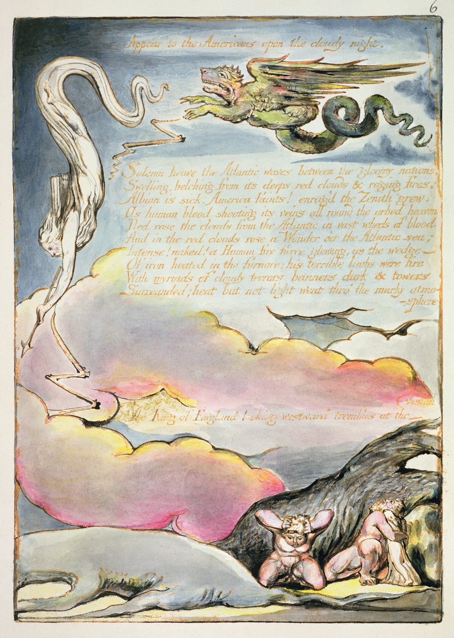 Zjevuje se Američanům, deska 4 z knihy "Amerika, proroctví", 1793 (reliéfní lept a čb na papíře) od William Blake