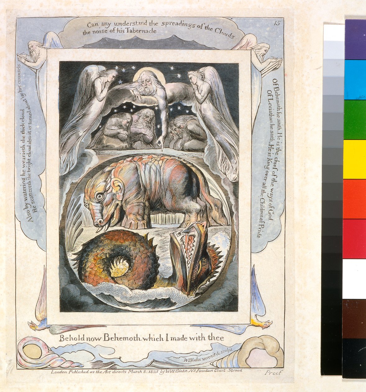 Behemoth a Leviathan z Knihy Job (pl.15), kolem roku 1793 (ručně tónovaná rytina) od William Blake