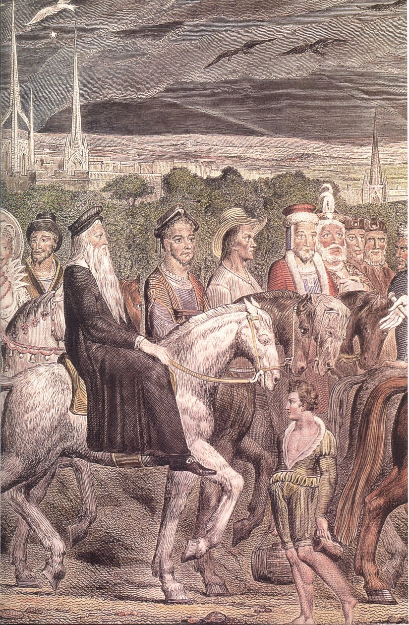Blake-Nemůže-poutníci-detail-Barevná rytina od William Blake
