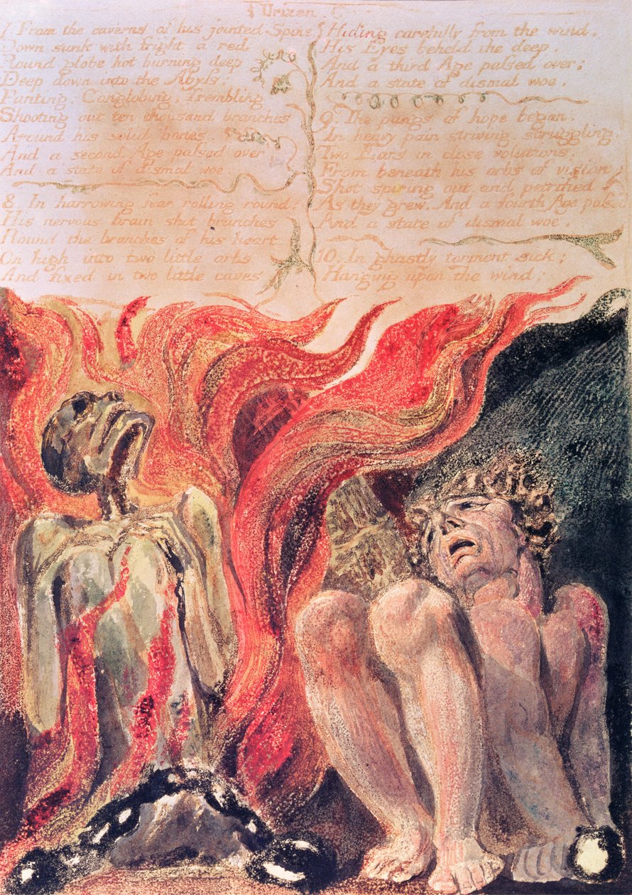Kniha Urizenova; z kaveren jeho kloubové páteře, 1794 (barevně tištěný reliéfní lept) od William Blake