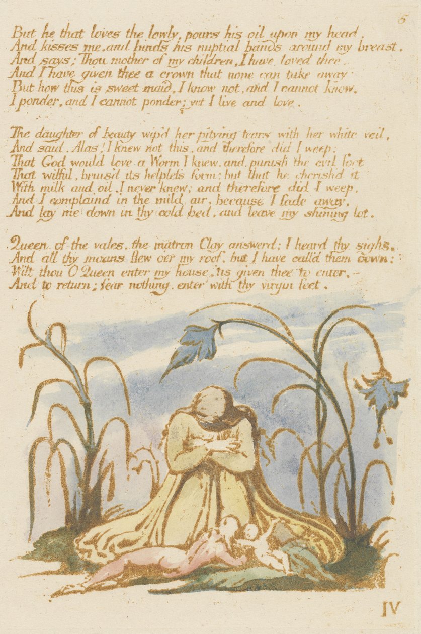 Ale ten, kdo miluje nízké..., deska 7 z The Book of Thel, 1789 (reliéfní lept tištěný hnědě s wc) od William Blake