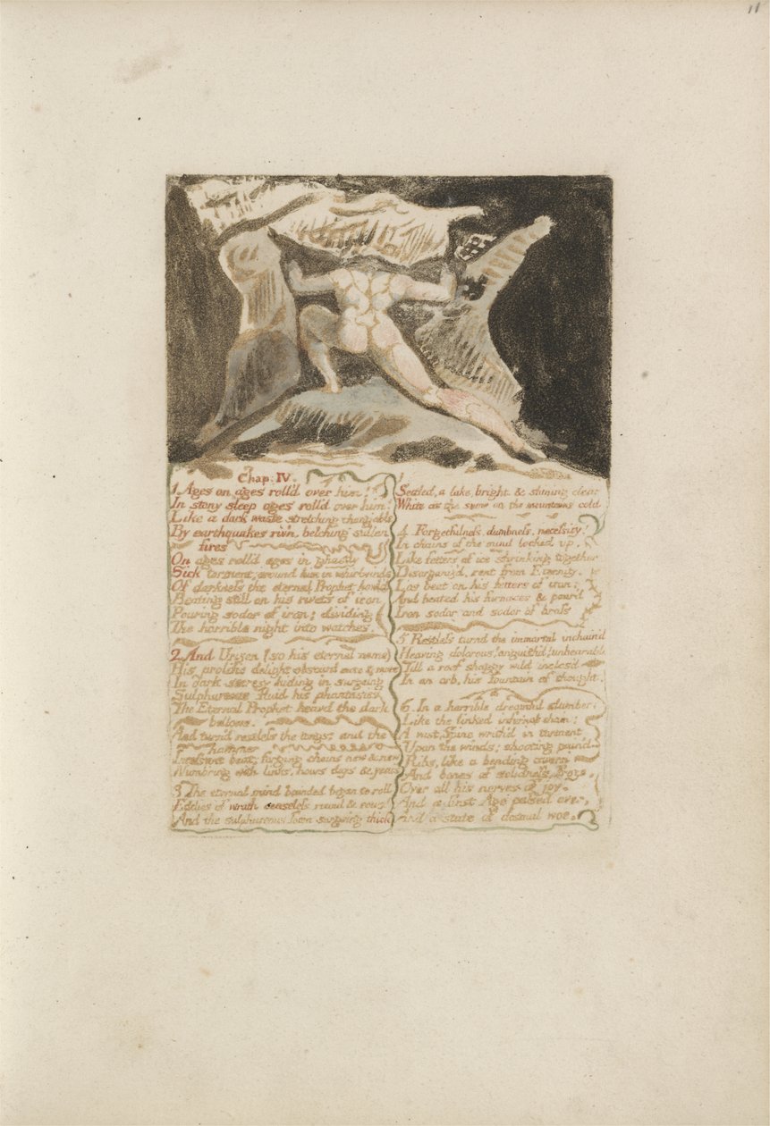 Kapitola: IV, Věky na věky se na něj převalily..., deska 13 z První knihy Urizena, 1794 (barevně tištěný reliéfní lept inkoustem a wc) od William Blake