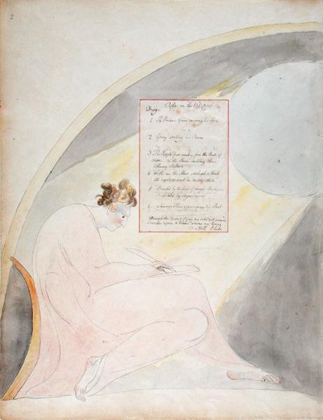Stránka s obsahem Ódy na jaro, z Básní Thomase Graye, vydané v letech 1797-98 (wc s perem a černým inkoustem na papíře) od William Blake