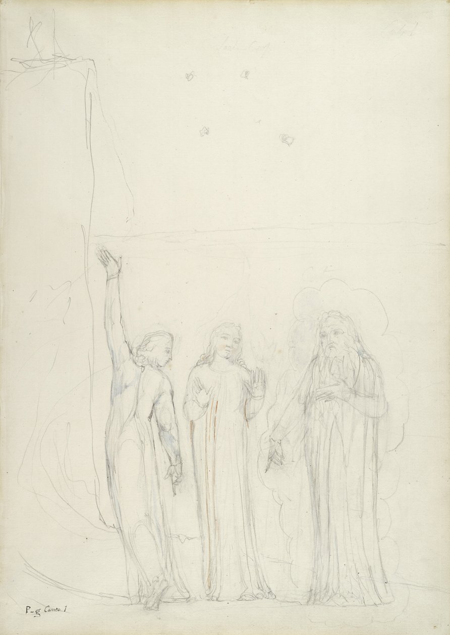 Dante, Vergilius a Cato, ilustrace k Božské komedii Danta Alighieriho, 1824-27 (tužka, tuš a čb na papíře) od William Blake