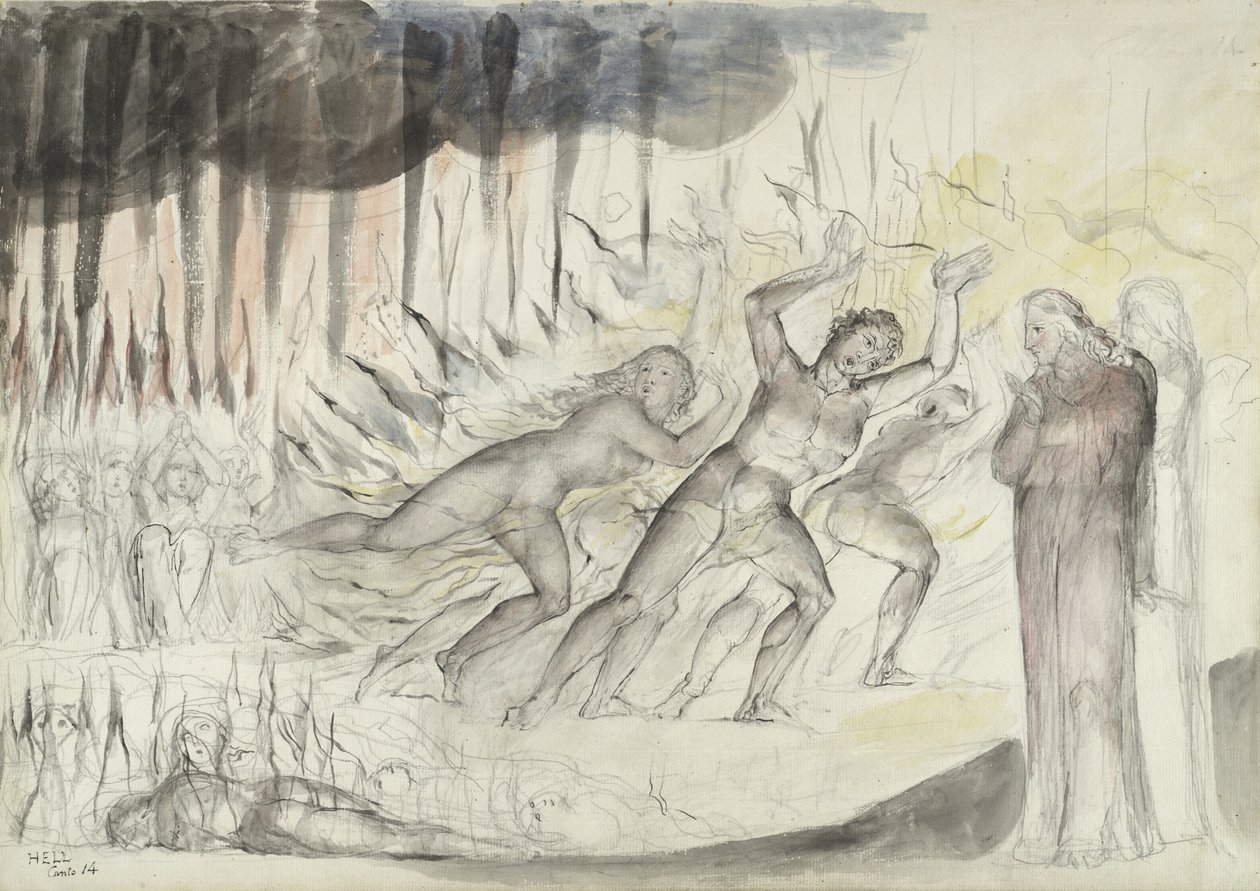 Dante a Virgil mezi rouhači, ilustrace k Božské komedii od Dante Alighieriho, 1824-27 (pero a inkoust s wc přes tužku a křídu na papíře) od William Blake