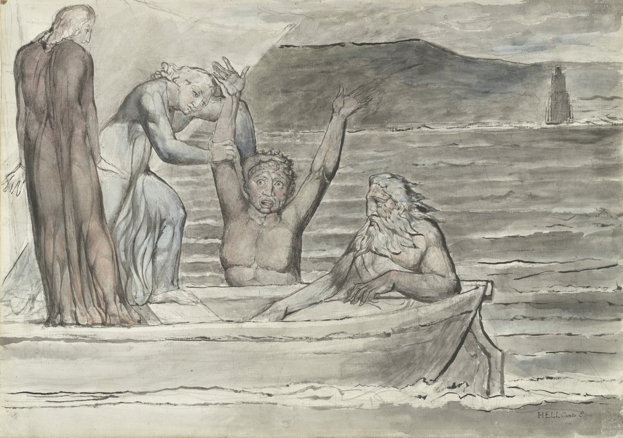 Dante a Virgil ve Skiff of Phlegyas jsou vítáni Filippo Argenti, ilustrace k Božské komedii od Dante Alighieriho, 1824-27 (pero a inkoust s wc přes tužku a křídu na papíře) od William Blake