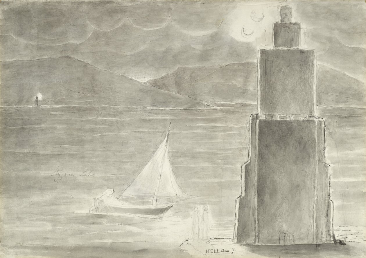 Dante a Virgil na okraji Stygian Pool, ilustrace k Božské komedii od Dante Alighieriho, 1824-27 (pero a inkoust s wc, mytí a křída na papíře) od William Blake