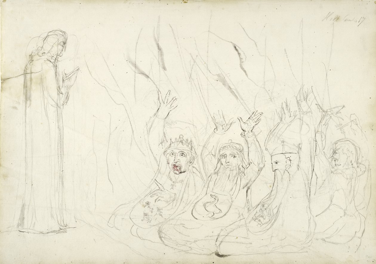 Dante a lichváři, ilustrace k Božské komedii od Dante Alighieriho, 1824-27 (tužka a pero na papíře) od William Blake