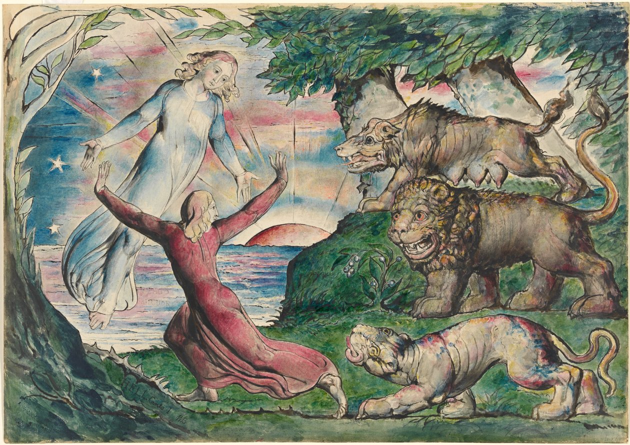 Dante utíká před třemi zvířaty od William Blake