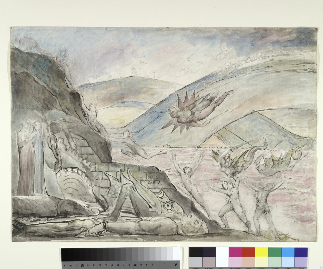 Démoni mučí svůdce z Malebolge, ilustrace k Božské komedii od Dante Alighieriho, 1824-27 (pero a inkoust s wc přes tužku a křídu na papíře) od William Blake