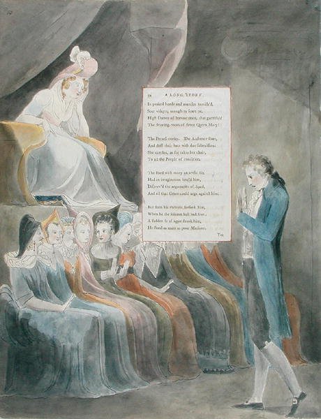 Design 32 pro A Long Story in The Poems of Thomas Gray, publikovaný 1797-98 (wc s perem a inkoustem na papíře) od William Blake
