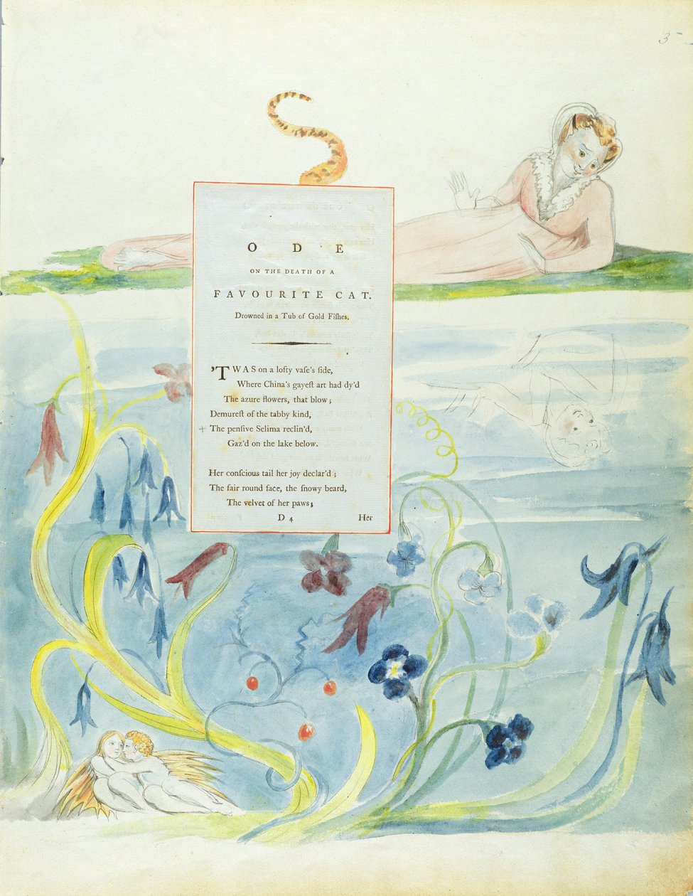 Design 9 pro „Ódu na smrt oblíbené kočky“ z „Básně Thomase Graye“, vydané v letech 1797-98 (wc s perem a inkoustem na papíře) od William Blake