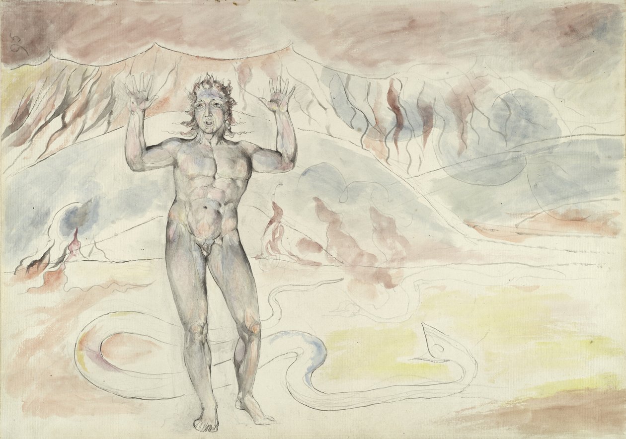Donati se proměnil v hada; Francesco deCavalcanti přeměněný v muže, ilustrace k Božské komedii od Dante Alighieriho, 1824-27 (pero a inkoust s wc přes tužku a křídu na papíře) od William Blake